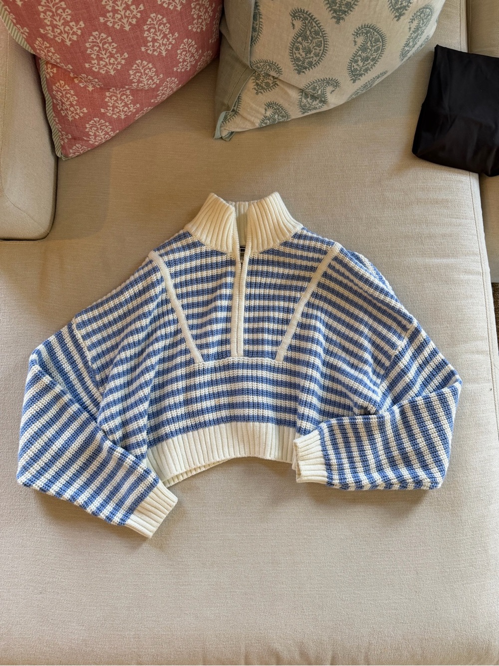 STAUD Striped Half-Zip Cowl Sweater in White and Light Blue - Picture 2 of 2
